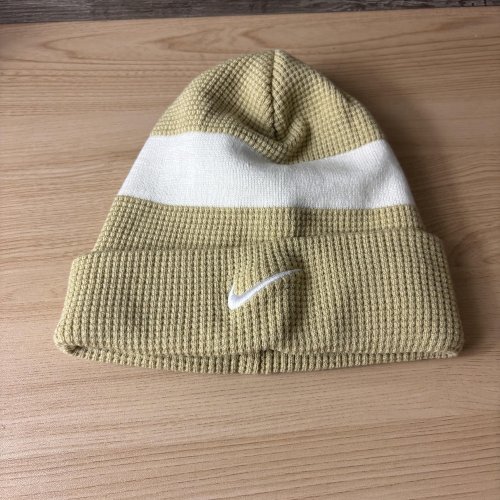 Nike Hat Beanie One Size Light Olive White Cuffed Waffle Knit Swoosh Mens